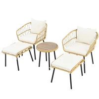 5-teiliges Garten-Lounge-Set, mit 1 Esstisch, 2 Stühlen, 2 Hockern, Weiß+Naturfarbe(m-14)
