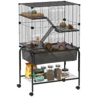 PawHut Jaula para Animales Pequeños de 4 Niveles con Ruedas Bandeja Profunda Rampas Plataformas y Comedero 73x47x123 cm Negro(m-10)