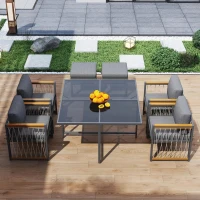 Ensemble de salle à manger extérieur 7 pièces avec plateau en verre trempé, accoudoirs, coussins, pour 6 personnes, Noir+Naturel(m-6)