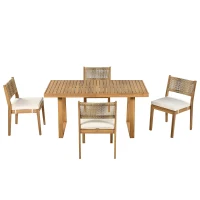 Set da pranzo a 5 pezzi con tavolo in legno, schienale in rattan, piedini, per terrazza, giardino, Bianco e Colore naturale(m-2)