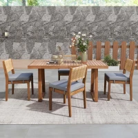 Ensemble de salle à manger 5 pièces avec table en bois, dossier en rotin, coussinets de pieds pour terrasse, jardin, Gris + Couleur naturelle(m-6)