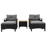 Ensemble de balcon en rotin d'extérieur 5 pièces avec 2 chaises, 2 tabourets et 1 table, Noir+Gris(m-15)