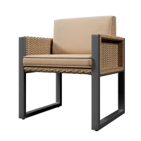 Rattan-Tisch- und Stuhlset, 1 Tisch, 6 Stühle, Tischplatte aus gehärtetem Glas, Braun+Schwarz(m-10)