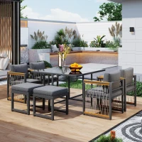 Ensemble de salle à manger extérieur 7 pièces avec plateau en verre trempé, accoudoirs, coussins, pour 6 personnes, Noir+Naturel(m-5)