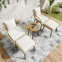 5-teiliges Garten-Lounge-Set, mit 1 Esstisch, 2 Stühlen, 2 Hockern, Weiß+Naturfarbe(m-4)