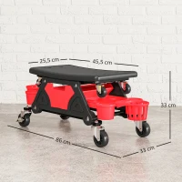 HOMCOM Werkplaatskruk met Afneembare Zitting en Wielen, Opbergruimte, 33cm Hoog, Tot 135 kg, Rood(m-3)