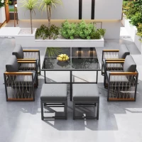 Ensemble de salle à manger extérieur 7 pièces avec plateau en verre trempé, accoudoirs, coussins, pour 6 personnes, Noir+Naturel(m-4)