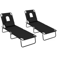 Outsunny Outdoor Folding Sun Lounger Set of 2 with Face Hole, 4 Level Adjustable Backrest Reclining Garden Lounger, Garden Recliner Sunbed with 600 D Oxford Cloth Seat and Pillow for Beach, Black(m-1)