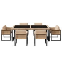 Ensemble table et chaises en rotin, avec 1 table et 6 chaises, plateau en verre trempé, Marron