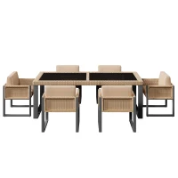 Rattan-Tisch- und Stuhlset, 1 Tisch, 6 Stühle, Tischplatte aus gehärtetem Glas, Braun+Schwarz(m-1)