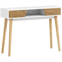 HOMCOM Mesa de Consola Estreita Consola de Entrada Moderna com 2 Gavetas Compartimento e Pés de Madeira 100x30x75 cm Branco(m-1)