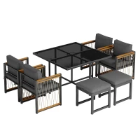 Ensemble de salle à manger extérieur 7 pièces avec plateau en verre trempé, accoudoirs, coussins, pour 6 personnes, Noir+Naturel(m-13)