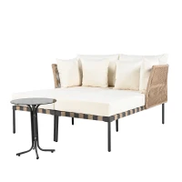 Canapé de jardin, Fauteuil de jardin amovible et modulaire, Table basse en verre trempé, Blanc+Marron(m-13)