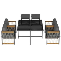 Ensemble de salle à manger extérieur 7 pièces avec plateau en verre trempé, accoudoirs, coussins, pour 6 personnes, Noir+Naturel(m-2)
