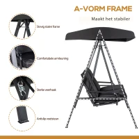 Outsunny Hollywoodschommel, 2-zits Tuinschommel met Verstelbaar Dak, tot 220 kg belastbaar, 145 x 116 x 172 cm, Zwart(m-6)