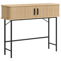 HOMCOM Console meuble, table console avec portes coulissantes à lattes et pieds en acier, pour salon, chêne et noir(m-12)