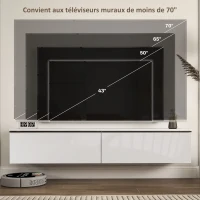 HOMCOM Meuble TV suspendu avec placard, pour téléviseurs jusqu'à 70 pouces, effet brillant, blanc(m-6)