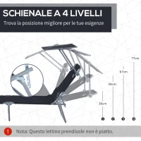 Outsunny Lettino Prendisole da Giardino Pieghevole e Regolabile con Tettuccio in Tessuto Nero, 187x58x50 cm(m-4)