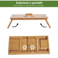 HOMCOM Mesa de Computador Portátil de Bambu Dobrável Reclinável e Altura Ajustável Mesa Auxiliar com1 Gaveta 72x35x22-30 cm Madeira(m-6)