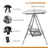 Outsunny Hollywoodschommel, 2-zits tuinschommel met verstelbaar dak, tot 220 kg belastbaar, 145 x 116 x 172 cm, Grijs(m-6)