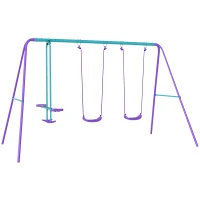 Outsunny Metal Swing Set, with Seesaw, Adjustable Height, for Ages 3+ Years, Purple(m-1)