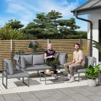 Outsunny Außenmöbel-Set, 3-Sitzer-Sofa mit Baldachin, 2 Stühle, Couchtisch mit Glasplatte, 12 Kissen, Stahlrahmen, Grau(m-2)