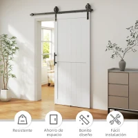HOMCOM Puerta Corredera de Granero con Herrajes Manija Rodillo y Guía de Suelo Mejorados para Baño Salón 91,5x213,4 cm Blanco(m-5)