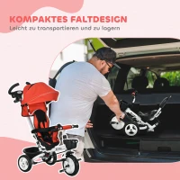 HOMCOM 6-in-1 Kinderdreirad met Duwstang, Zonnescherm, Gordel, Opbergmand, 18+ Maanden, Rood(m-5)