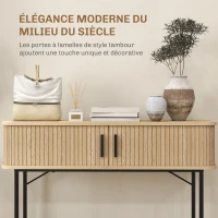 HOMCOM Console meuble, table console avec portes coulissantes à lattes et pieds en acier, pour salon, chêne et noir(m-4)