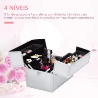 HOMCOM Mala de Maquilhagem Estojo de Maquilhagem de 3 Níveis para Cosméticos Joias Maquilhagem 36,5x24x29cm Prata(m-4)
