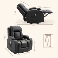 HOMCOM Poltrona Relax Reclinabile fino 150° in Finta Pelle con 8 Punti Massaggio e Riscaldamento, Nero(m-3)