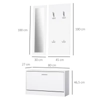 HOMCOM Móvel Cabide de Entrada de 3 Peças Armário de Entrada com Cabide Espelho e Sapateira 80x27x46,5cm Branco(m-3)