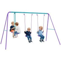 Outsunny Metal Swing Set, with Seesaw, Adjustable Height, for Ages 3+ Years, Purple(m-10)
