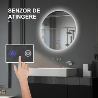 Kleankin Oglinda de Baie Rotunda cu Lumina LED in 3 Culori si intrerupatoare Touch, Ø70x3.5 cm, Transparent(m-4)
