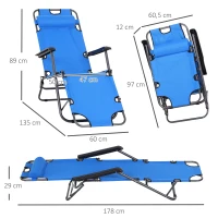 Outsunny Sonnenliege mit Kissen, Klappbare Strandliege mit 2-Fach verstellbare Rückenlehne Gartenliege, 2-in-1 Relaxliege, Metall + Oxfordstoff, Blau 135 x 60 x 89 cm(m-3)