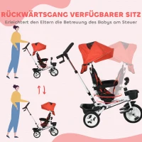HOMCOM 6-in-1 Kinderdreirad met Duwstang, Zonnescherm, Gordel, Opbergmand, 18+ Maanden, Rood(m-6)