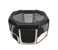 PawHut Parque para Animais de Estimação Dobrável com 2 Portas e Almofada Tecido Oxford Ø114x58 cm Preto e Creme(m-11)