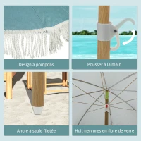 Outsunny Parasol de plage mât effet bois Ø 1,7 m, grand parasol à franges hauteur réglable, UPF50+ sac de transport, bleu clair(m-7)