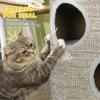 PawHut Barril para Arranhar Gatos de 3 níveis Torre para Arranhar Gatos com 3 Entradas e Tampa em Sisal Ø38x70cm Cinzento Claro(m-6)