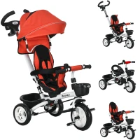 HOMCOM 6-in-1 Kinderdreirad met Duwstang, Zonnescherm, Gordel, Opbergmand, 18+ Maanden, Rood(m-10)