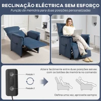 HOMCOM Poltrona Relax Reclinável Elétrica com Função Memória Apoio para Pés Controlo Remoto e Bolsos Laterais 80x83x104 cm Azul(m-6)