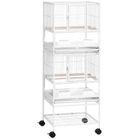 PawHut Jaula para Pájaros de 2 Niveles con Paneles Acrílicos Comederos Perchas Ruedas y Estante Inferior 48x46x134,5 cm Blanco(m-1)