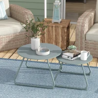 Outsunny Conjunto de 2 Mesas de Jardim Empilháveis Mesas Auxiliares de Jardim Redondas com Estrutura de Metal e Revestimento Epóxi Azul(m-2)