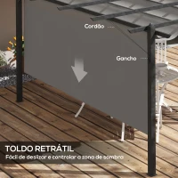 Outsunny Pérgola de Jardim 3,96x2,96x2,2 m com Teto Retrátil Tecido de Poliéster e 8 Orifícios de Drenagem Cinza(m-5)