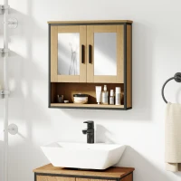 HOMCOM Armoire murale salle de bain avec miroir, meuble salle de bain avec compartiment ouvert et étagère réglable, chêne(m-2)
