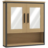 HOMCOM Armoire murale salle de bain avec miroir, meuble salle de bain avec compartiment ouvert et étagère réglable, chêne(m-11)