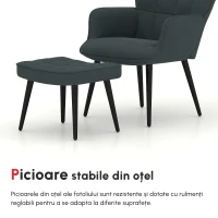 HOMCOM Fotoliu Tapițat pentru Interior cu Brațe și Taburet Integrat, Fotoliu pentru Sufragerie din Țesătură cu Efect de Catifea, 73x77.5x98 cm, Gri Închis(m-5)