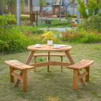Outsunny Round Table W/3 Attached Benches-Fir Wood(m-2)