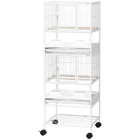 PawHut Jaula para Pájaros de 2 Niveles con Paneles Acrílicos Comederos Perchas Ruedas y Estante Inferior 48x46x134,5 cm Blanco(m-11)