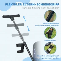 HOMCOM 6-w-1 Trójkoło dla dzieci z rączką do pchania, daszek, pasy, koszyk, dla dzieci 1-5 lat, Kolor Granatowy(m-6)